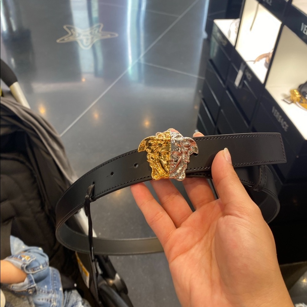 Versace Black Leather Belt with Two-Tone Gold & Silver Medusa Buckle